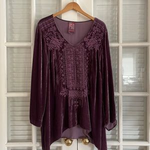 JOHNNY WAS JWLA Sassi Embroidered Plum Purple Velvet Tunic Top Size XXL
